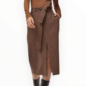 ARITZIA WILFRED Jallade Brown Plaid Center Slit Belted Midi Skirt 8